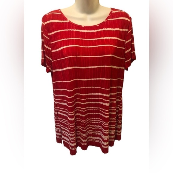 Chico’s Travelers Slinky Crinkle SS Top 2/M Red White Stripe Career Layering - Picture 1 of 8